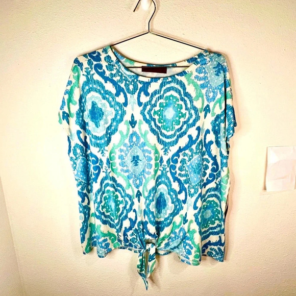 Love Scarlett Blue and Green Paisley Pattern Short Sleeve Top Plus Size 2X - Picture 1 of 6